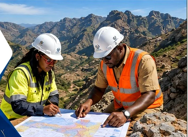 Géologues analysant une carte géologique en zone montagneuse